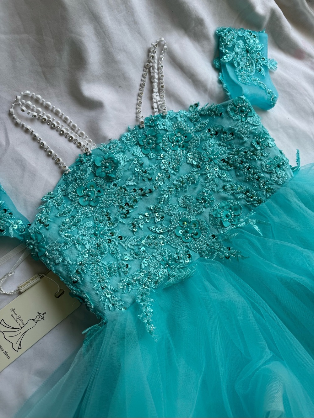 Girls' Turquoise Beaded Floral Tulle Formal Dress with Pearl Straps